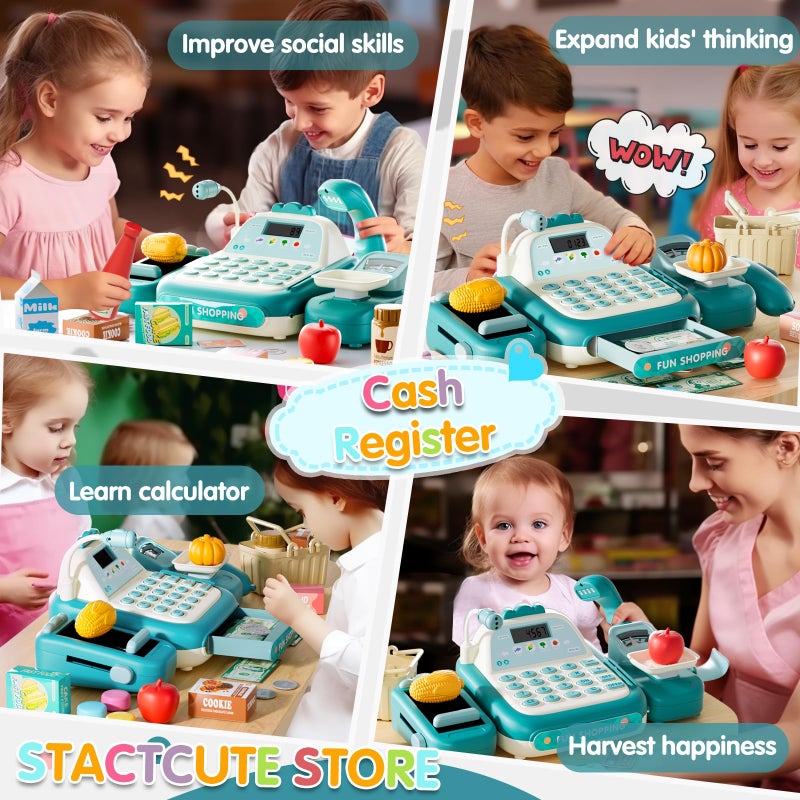 STACTCUTE 49PCS Pretend Play Cash Register Toy Set for Kids with Real Calculator Scanner Microphone Conveyor Belt Weighing Tool Cashier Playset Realistic Gift for Toddler Kid Ages 3 4 5 6 7 8 (Green) - Image 5